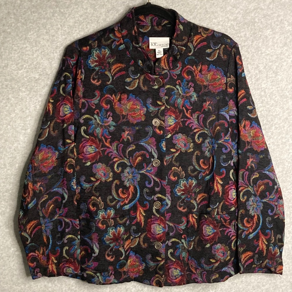 Vintage Floral Tapestry Jacket PL Dark Floral Button Front‎ Blazer Petite Boho